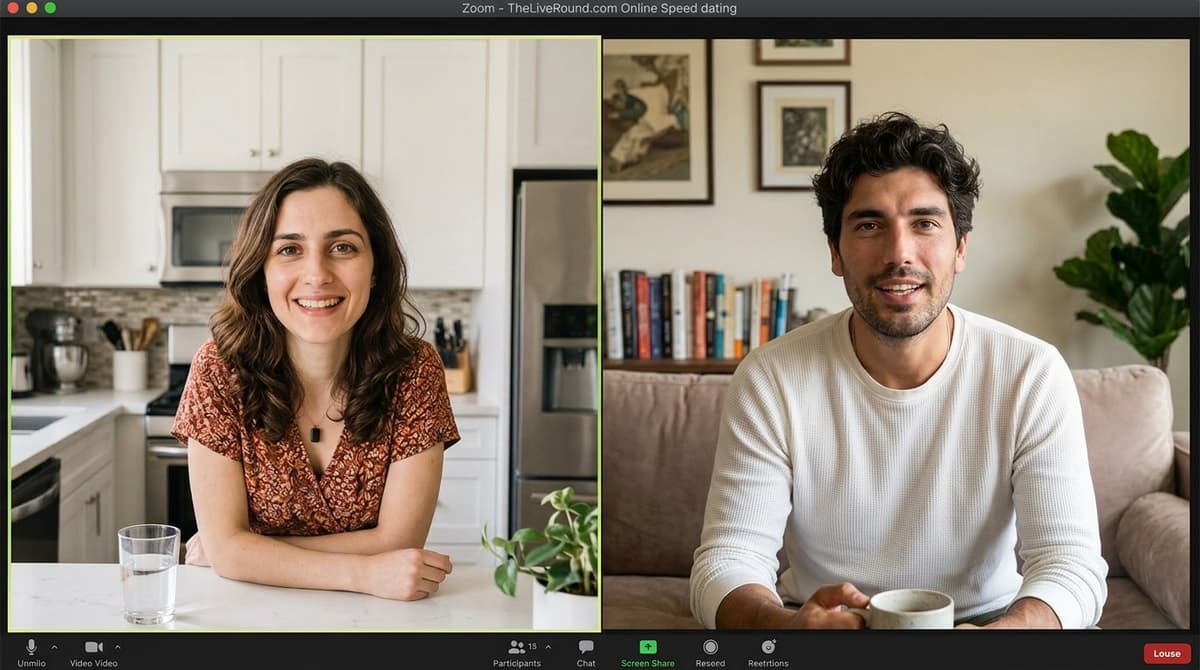 Diverse singles participating in an online speed dating event via video call